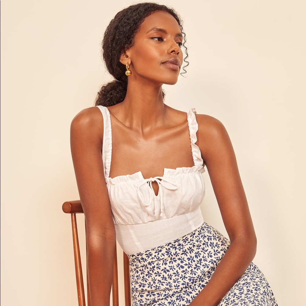 Reformation Cream Linen Ruffle Tie-Front Camisole